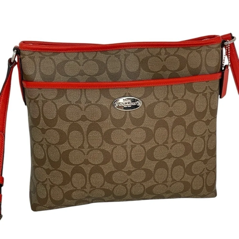 COACH Purse Shoulder Bag Crossbody Brown Red Coated Canvas Monogram Signature
